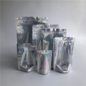 Vente en gros holographique avant transparent rescellable Stand Up Pochettes en plastique stratifié Cosmétique Zipper Sacs Emballage En Stock